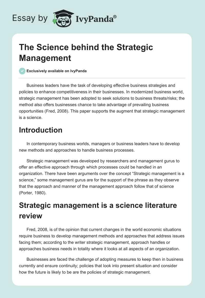 The Science behind the Strategic Management. Page 1