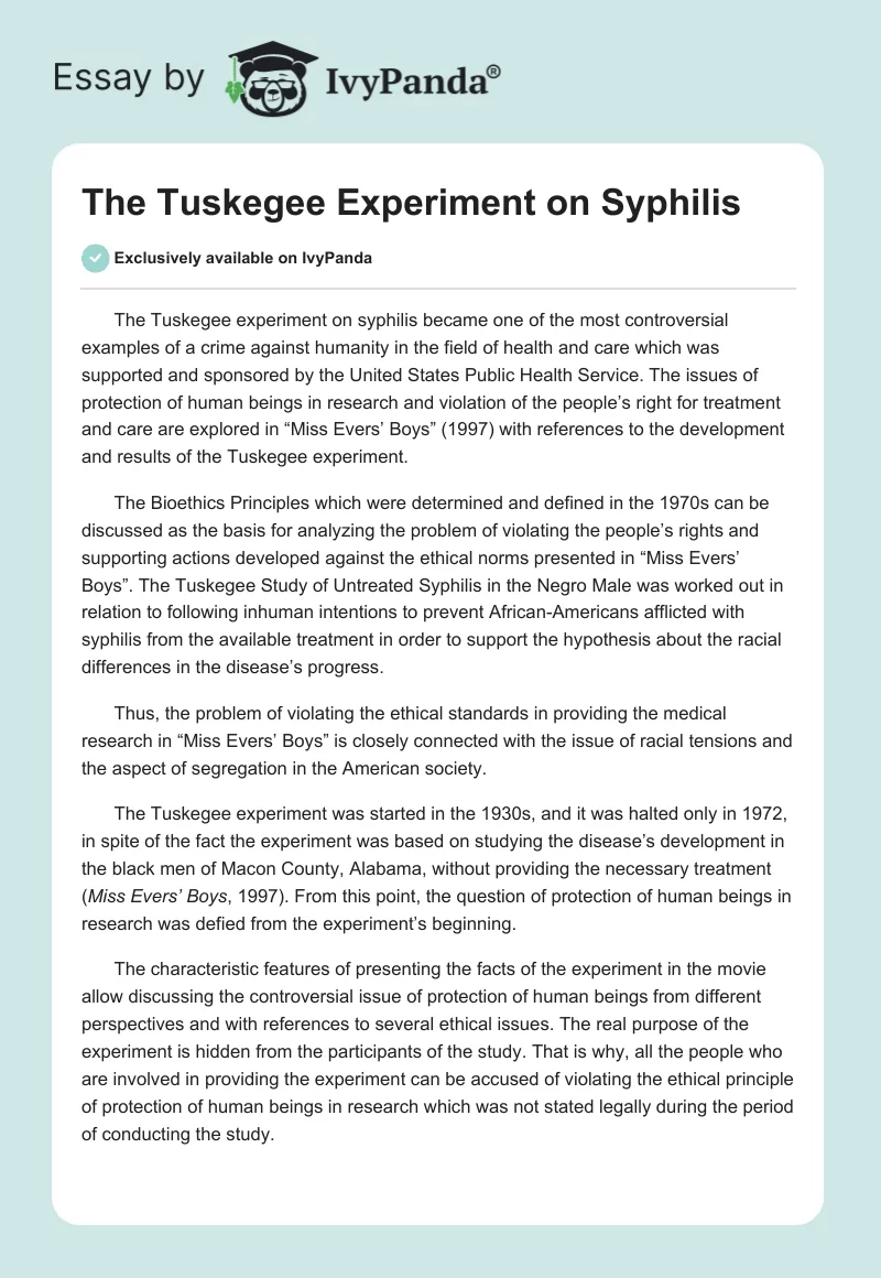 The Tuskegee Experiment on Syphilis. Page 1
