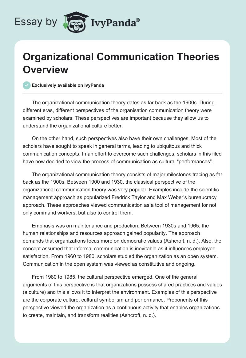 Organizational Communication Theories Overview. Page 1