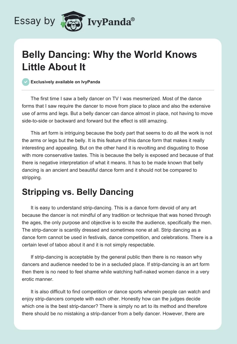 Belly Dancing: Why the World Knows Little About It. Page 1