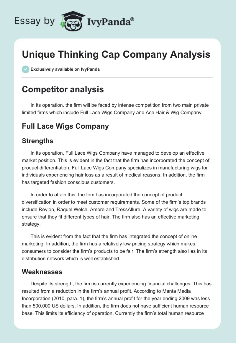 Unique Thinking Cap Company Analysis. Page 1