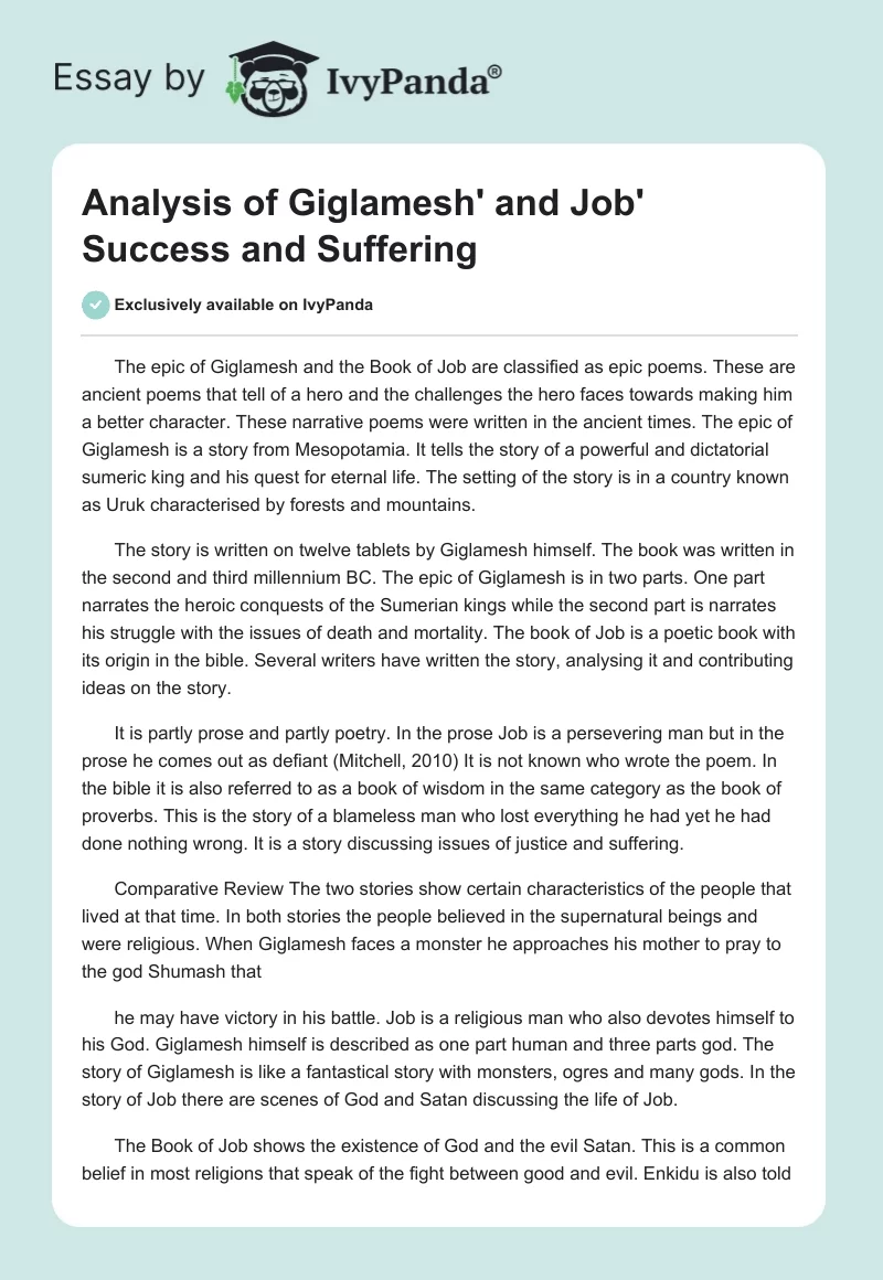 Analysis of Giglamesh' and Job' Success and Suffering. Page 1