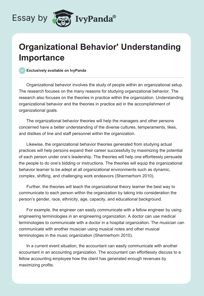 Organizational Behavior' Understanding Importance. Page 1