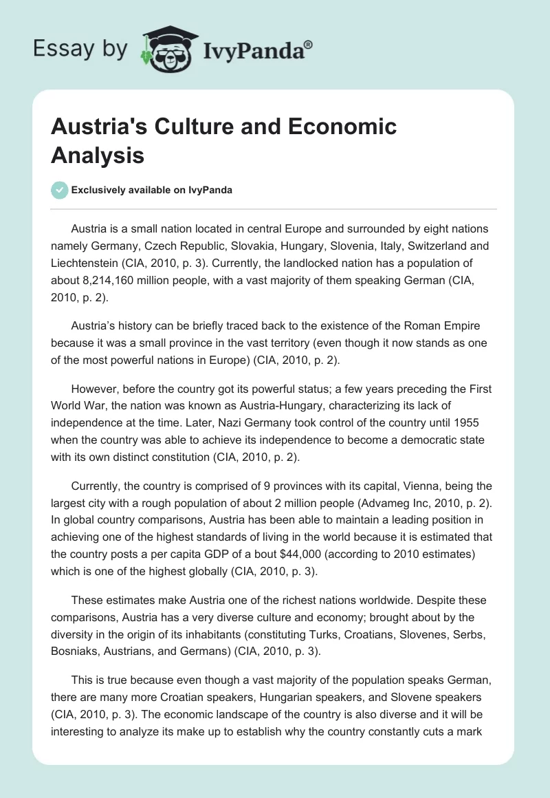 Austria's Culture and Economic Analysis. Page 1