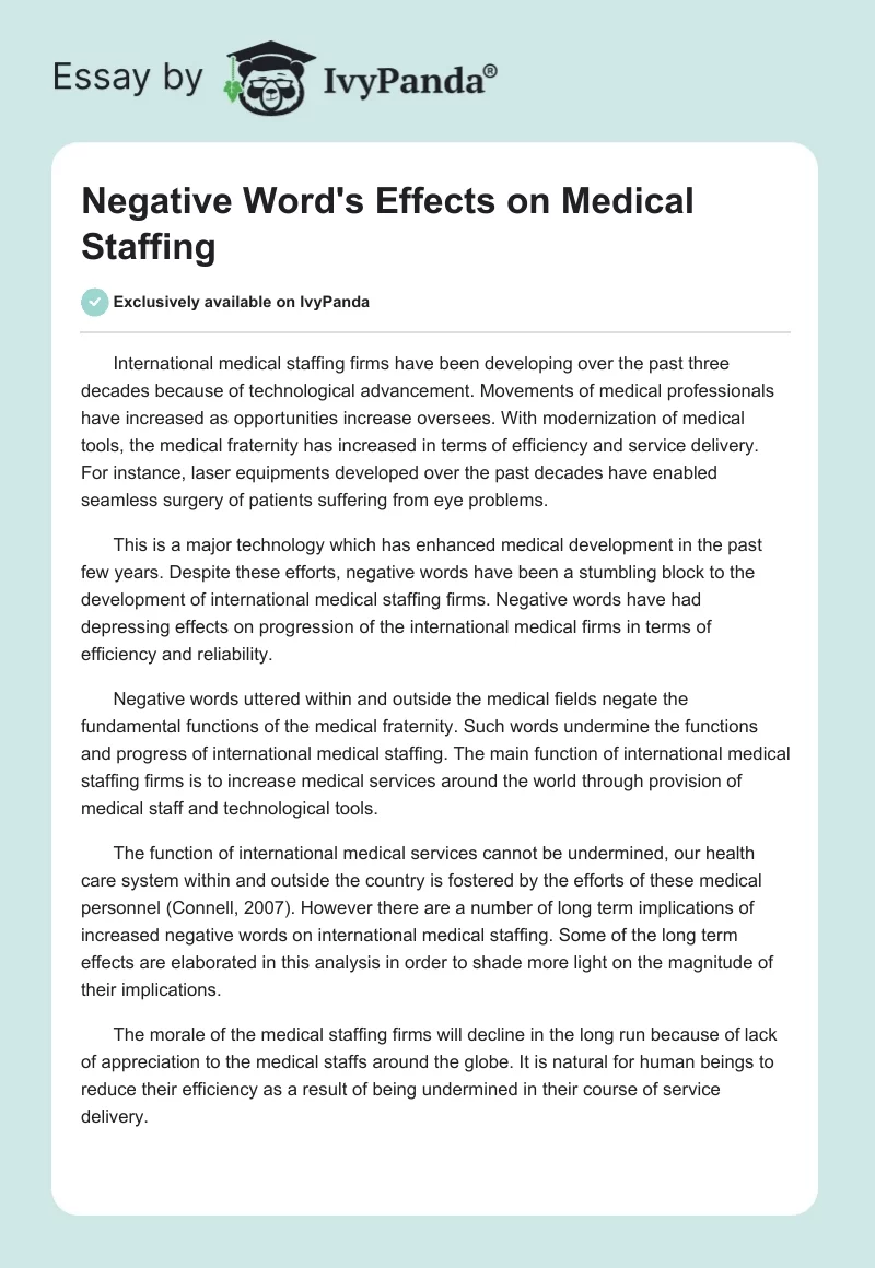Negative Word's Effects on Medical Staffing. Page 1