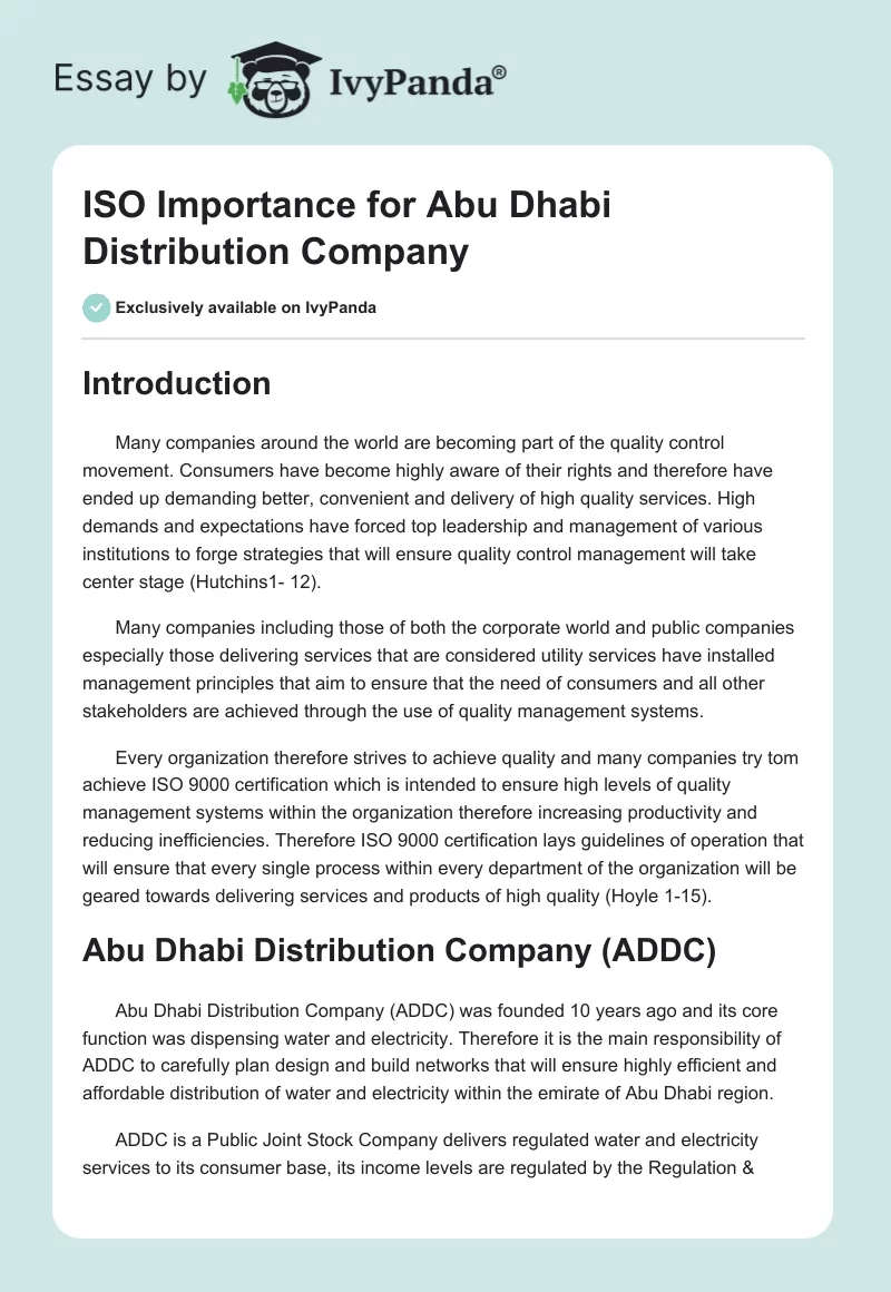 ISO Importance for Abu Dhabi Distribution Company. Page 1