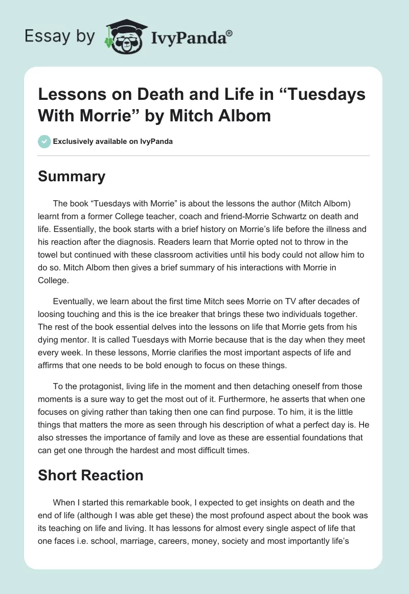 Lessons on Death and Life in “Tuesdays With Morrie” by Mitch Albom. Page 1