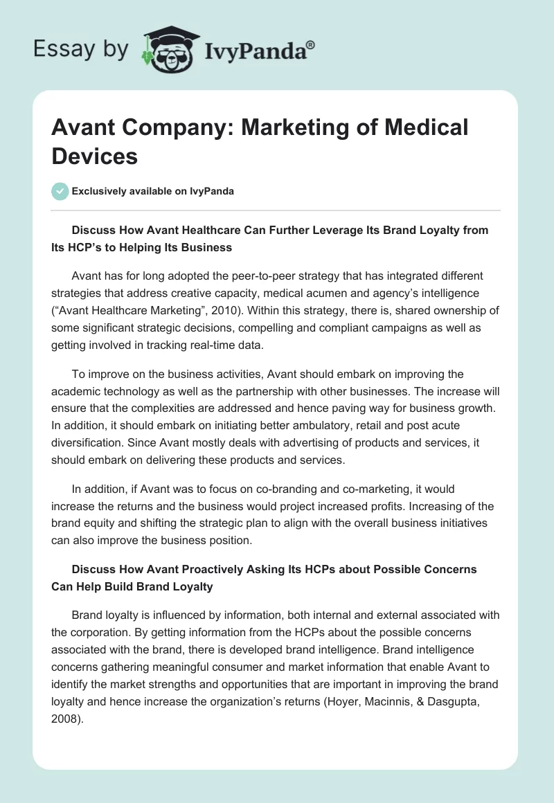 Avant Company: Marketing of Medical Devices. Page 1