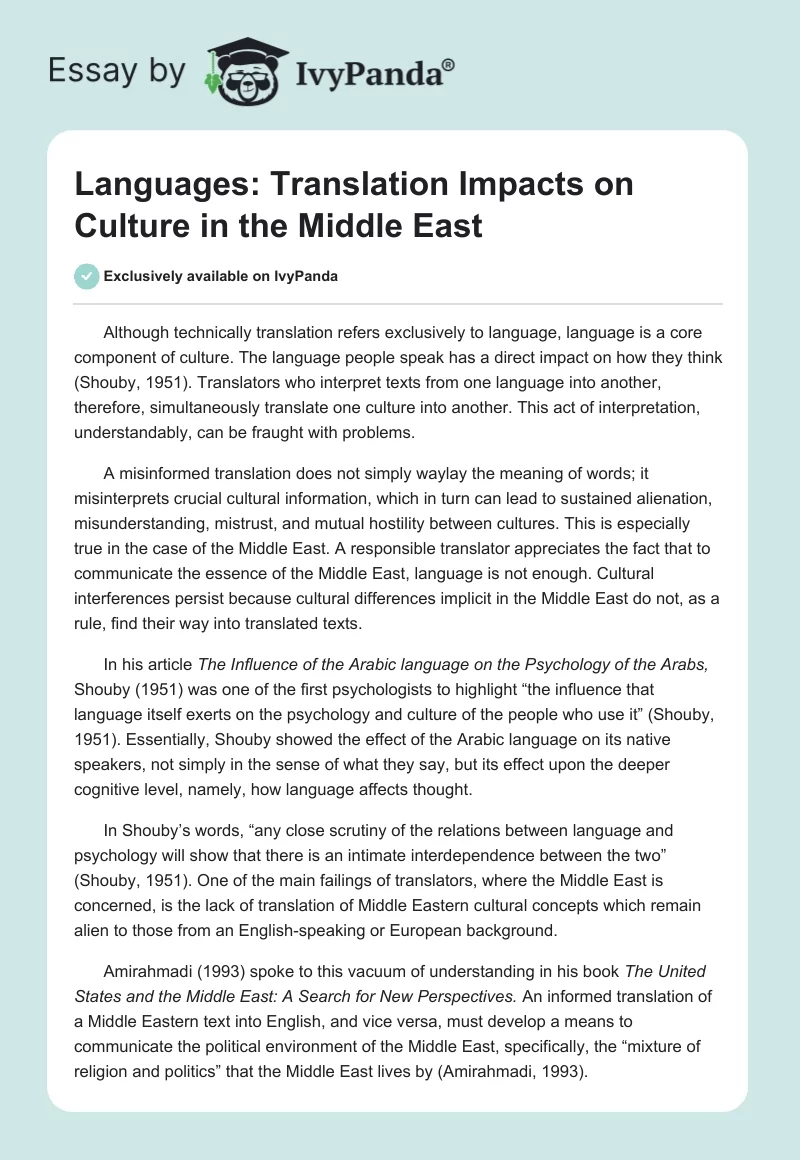 Languages: Translation Impacts on Culture in the Middle East. Page 1