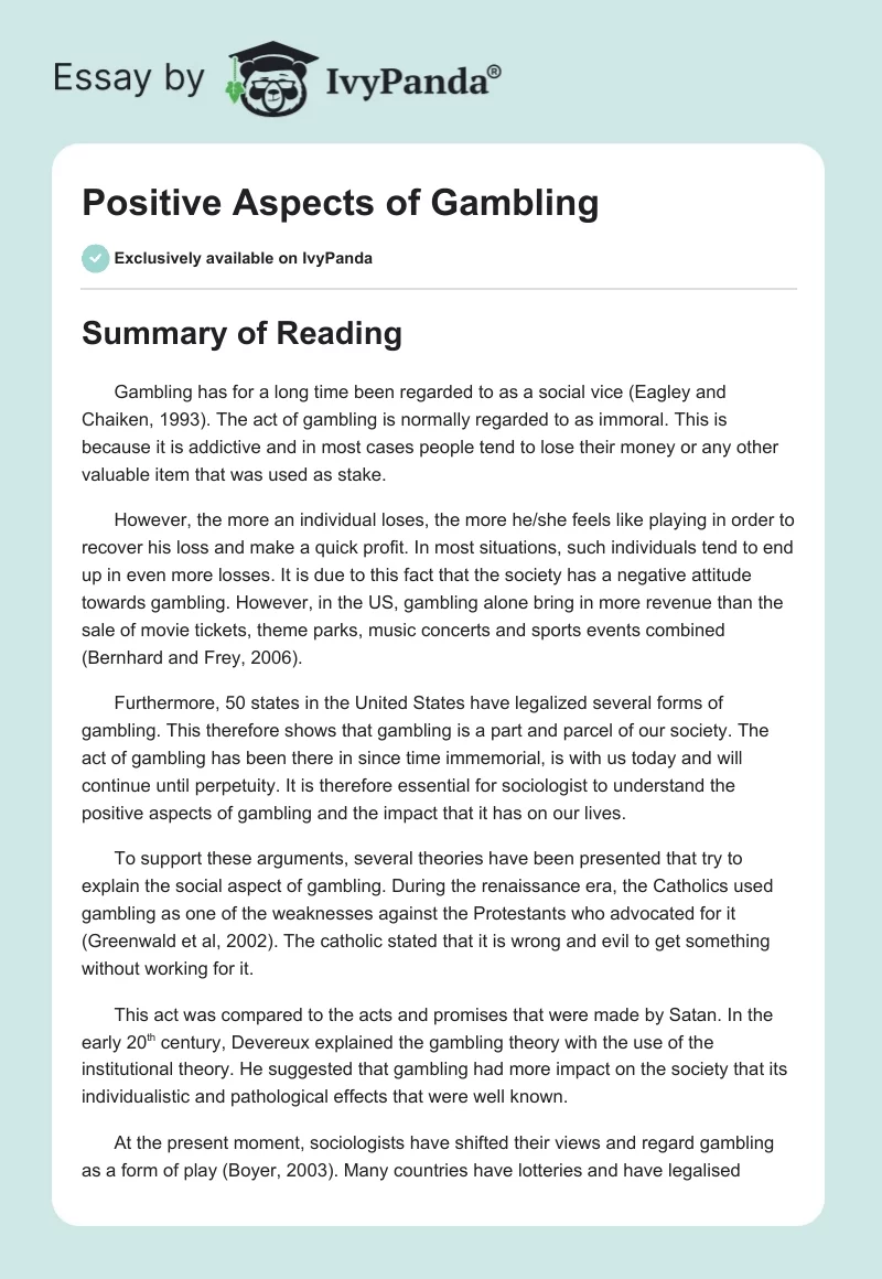 Positive Aspects of Gambling. Page 1