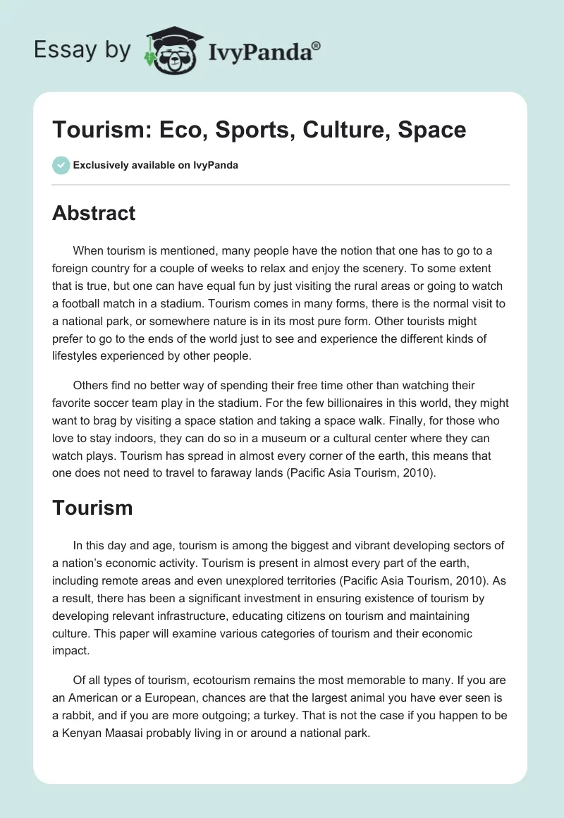 Tourism: Eco, Sports, Culture, Space. Page 1