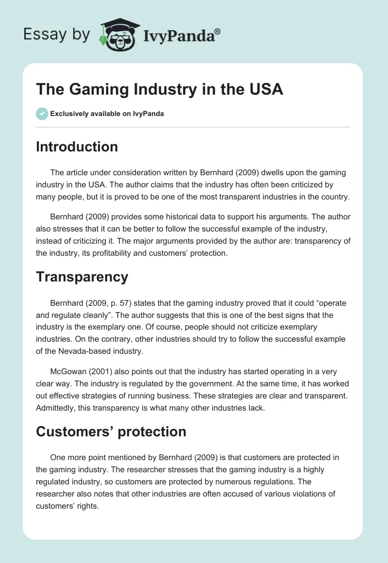 The Gaming Industry in the USA. Page 1