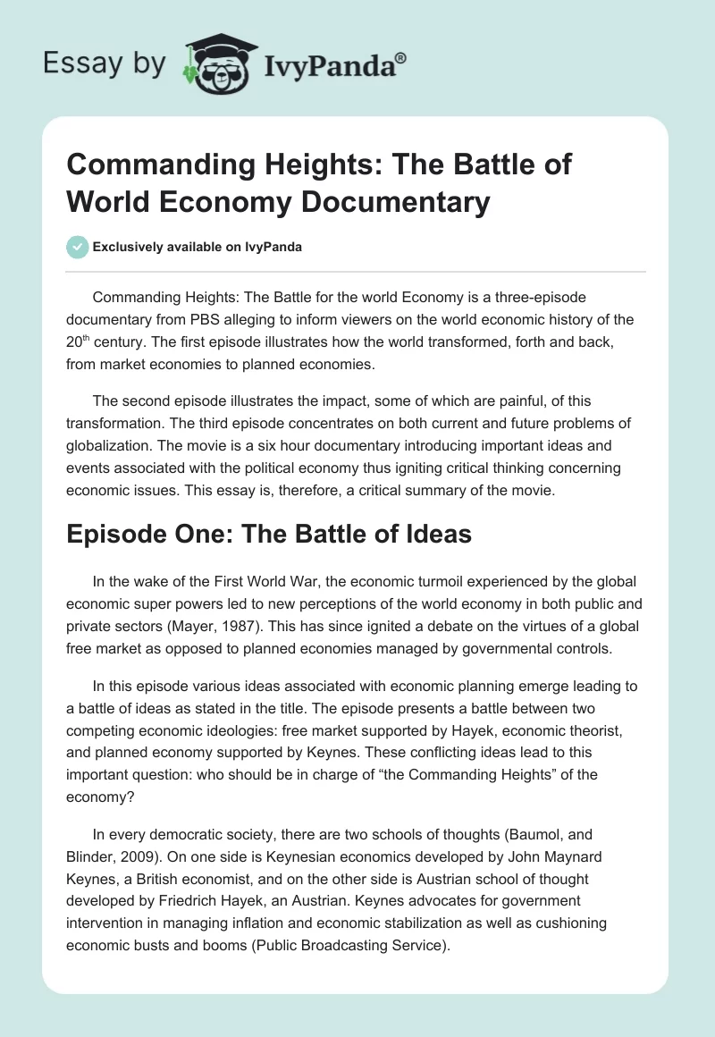 "Commanding Heights: The Battle of World Economy" Documentary. Page 1