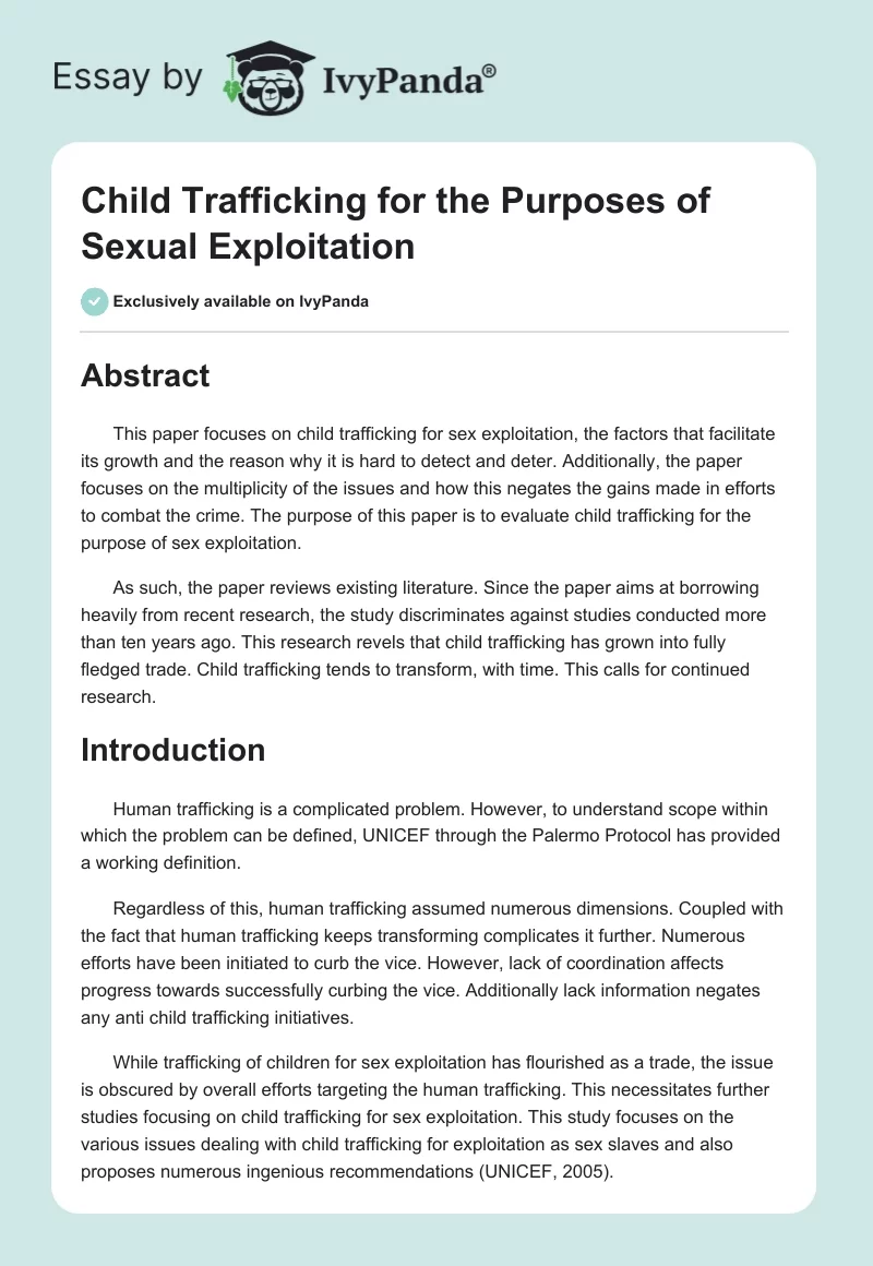 Child Trafficking for the Purposes of Sexual Exploitation. Page 1