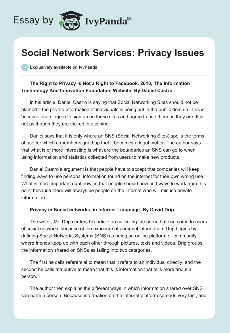 Social Network Services: Privacy Issues. Page 1