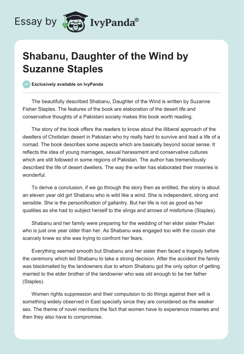 "Shabanu, Daughter of the Wind" by Suzanne Staples. Page 1