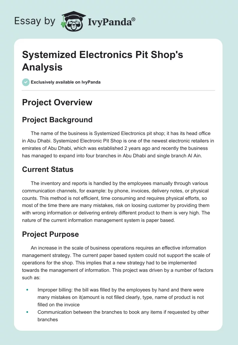 Systemized Electronics Pit Shop's Analysis. Page 1