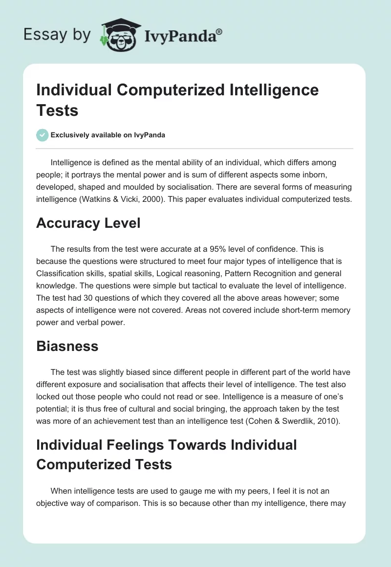 Individual Computerized Intelligence Tests. Page 1