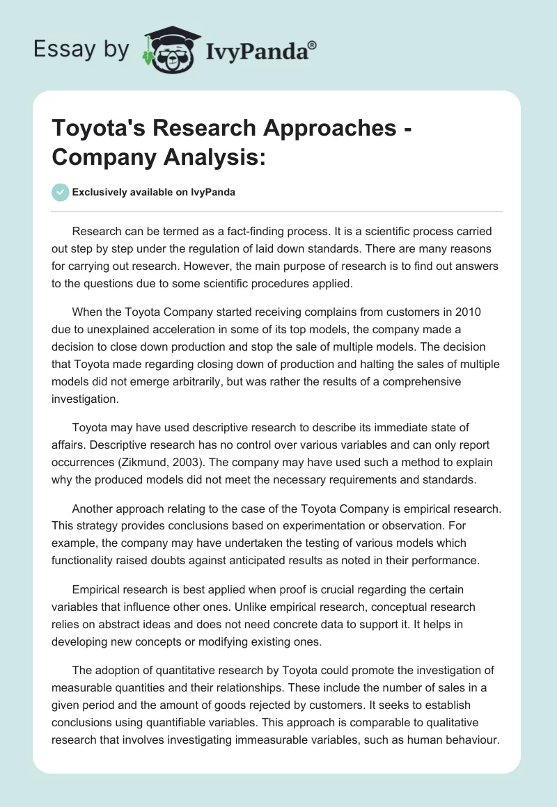 Toyota's Research Approaches - Company Analysis. Page 1