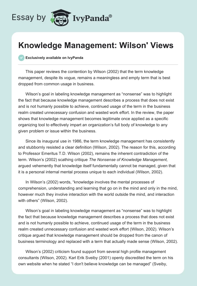 Knowledge Management: Wilson' Views. Page 1