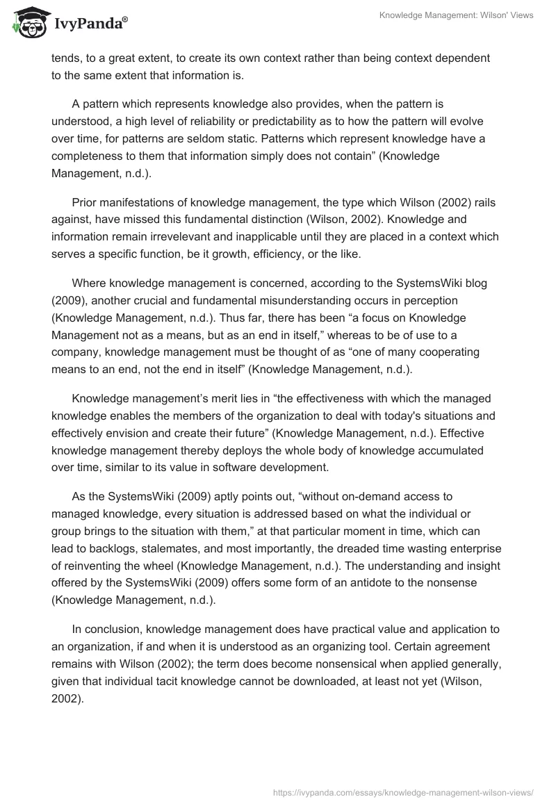 Knowledge Management: Wilson' Views. Page 4