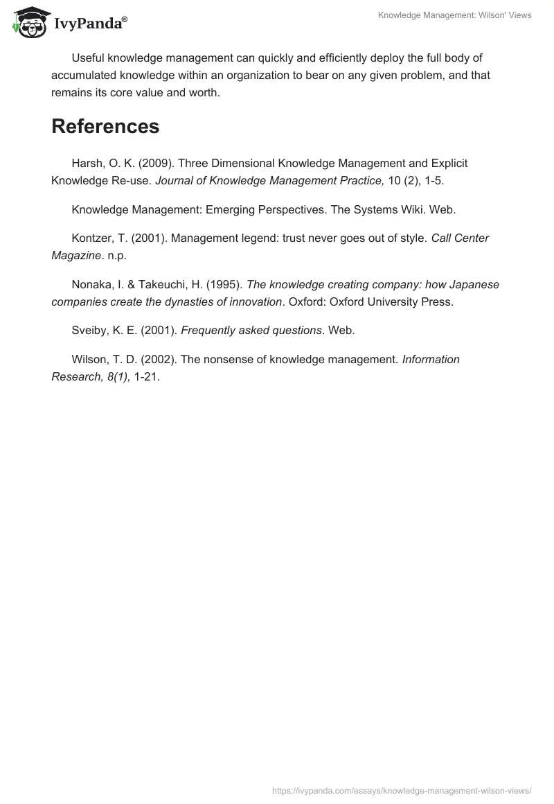 Knowledge Management: Wilson' Views. Page 5