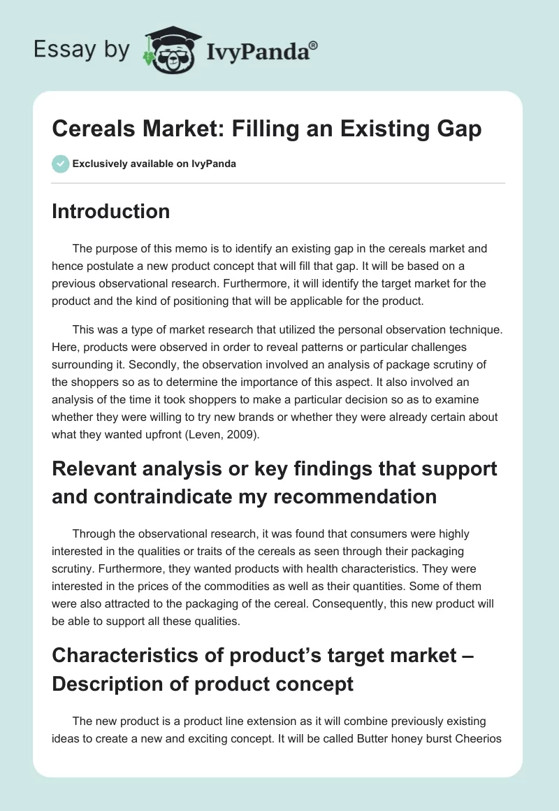 Cereals Market: Filling an Existing Gap. Page 1