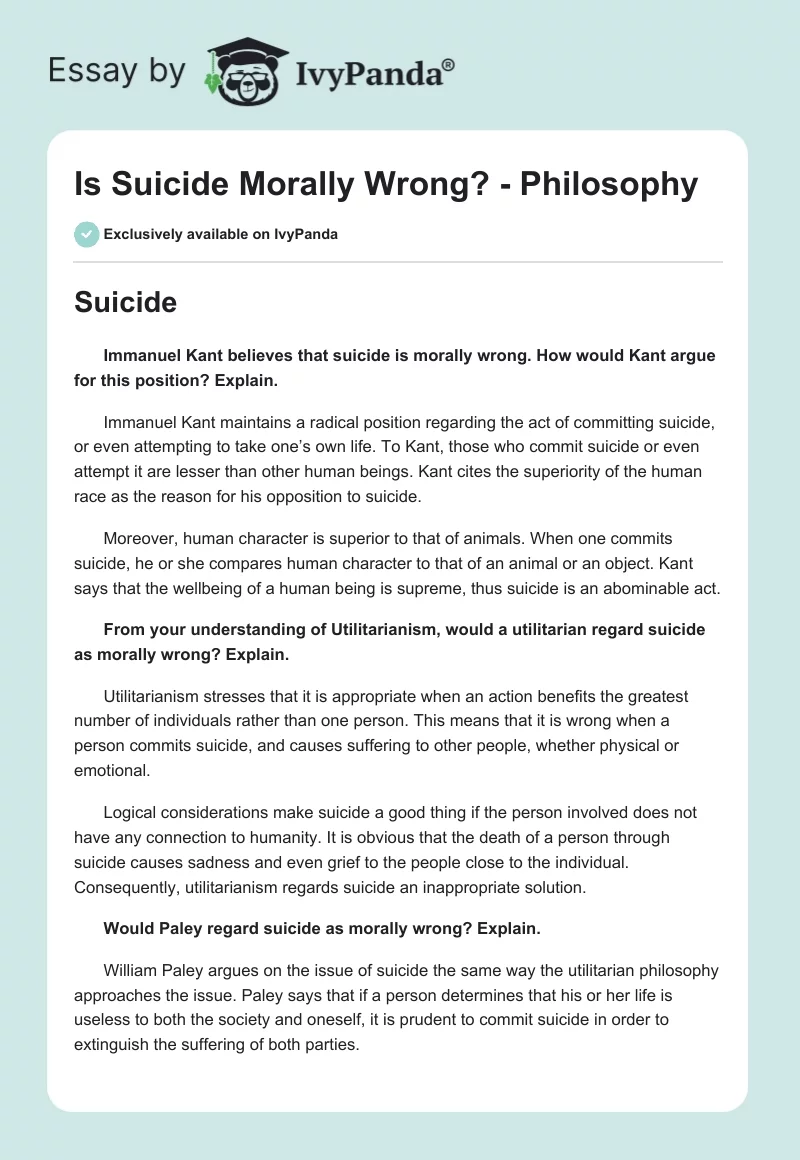 Is Suicide Morally Wrong? - Philosophy. Page 1