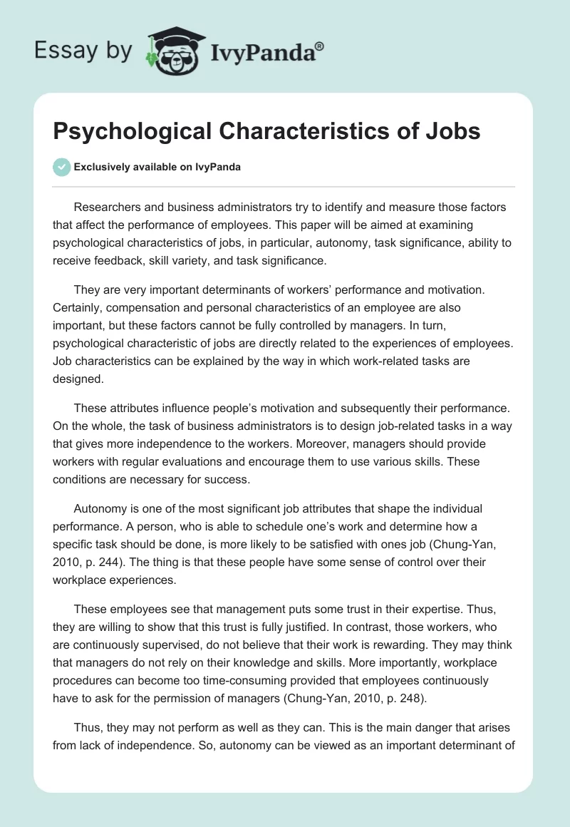 Psychological Characteristics of Jobs. Page 1
