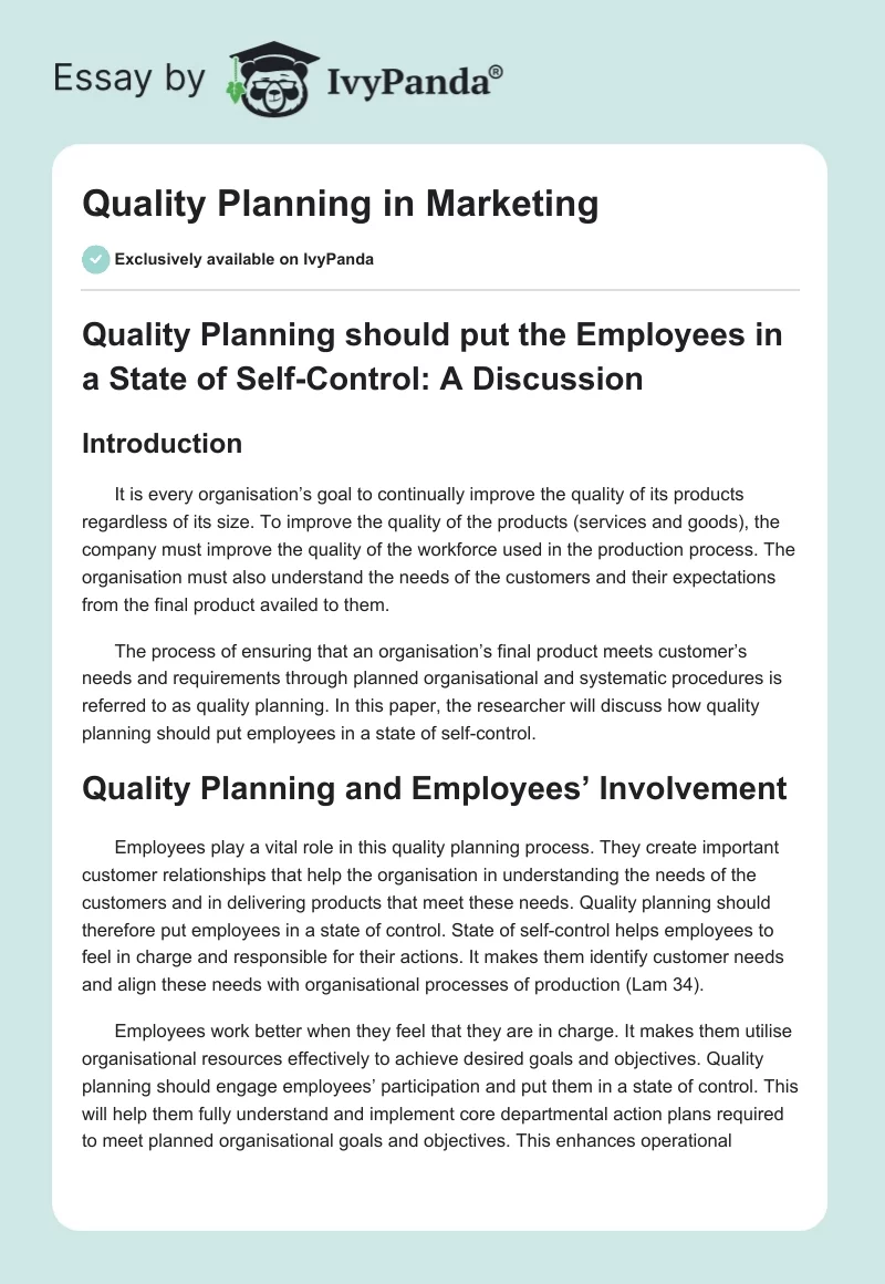Quality Planning in Marketing. Page 1