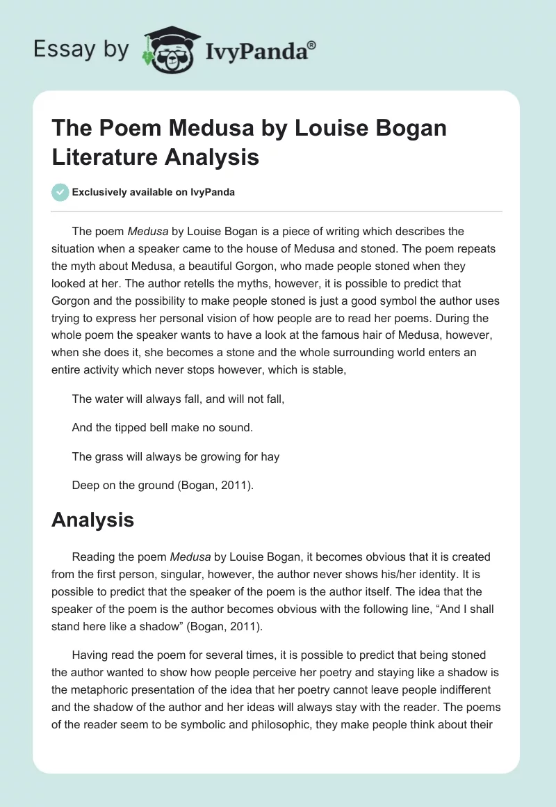 The Poem Medusa by Louise Bogan Literature Analysis. Page 1