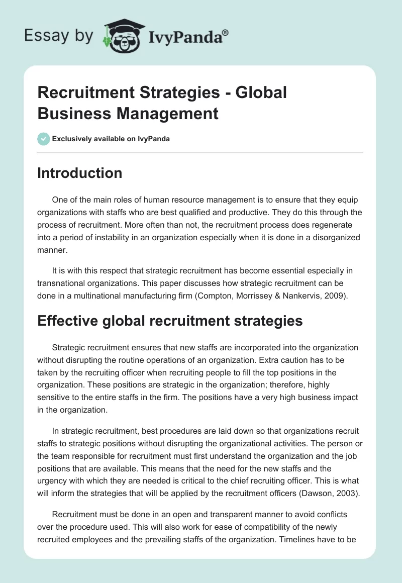 Recruitment Strategies - Global Business Management. Page 1