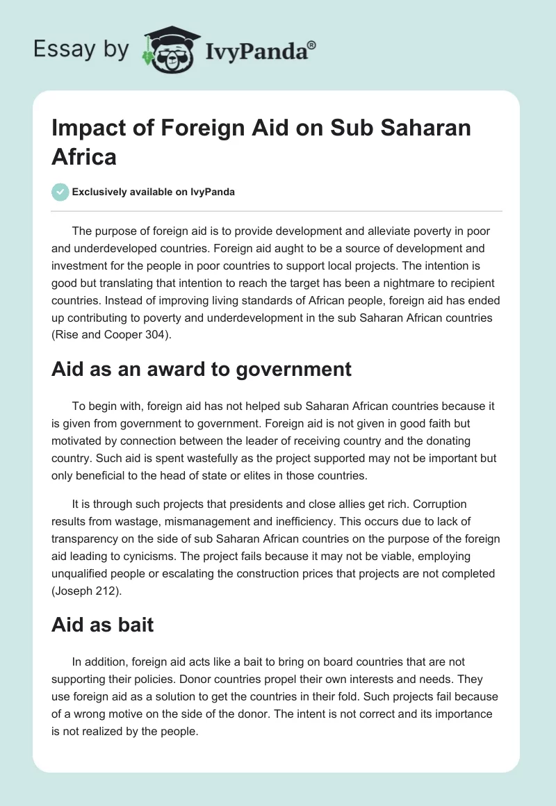 Impact of Foreign Aid on Sub Saharan Africa. Page 1