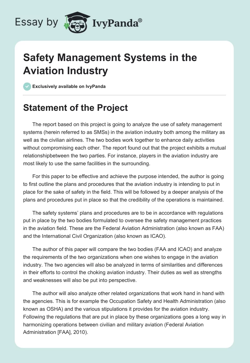 Safety Management Systems in the Aviation Industry. Page 1