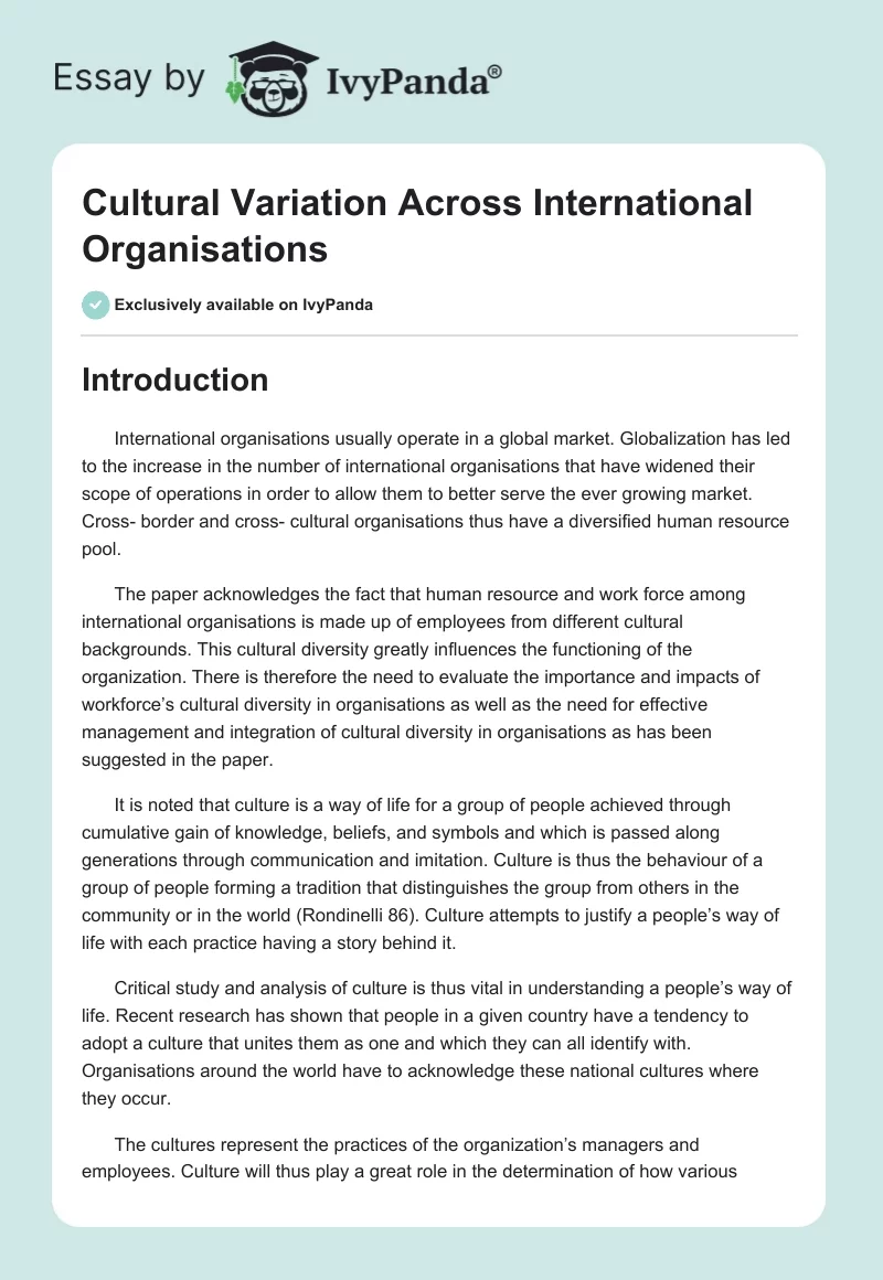Cultural Variation Across International Organisations. Page 1