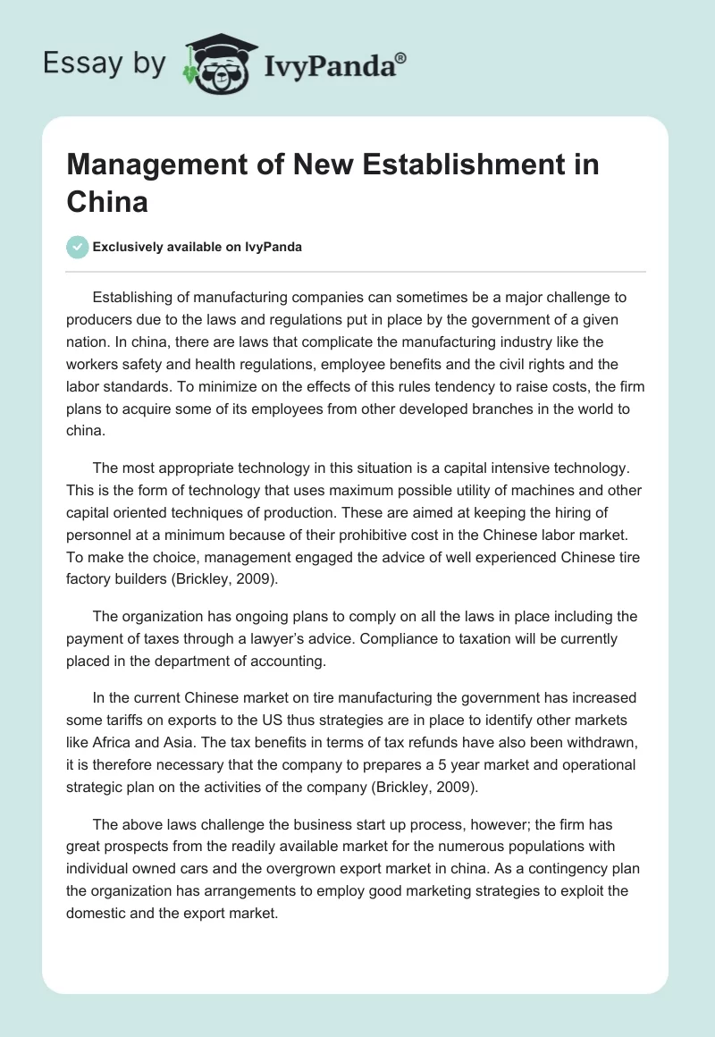 Management of New Establishment in China. Page 1