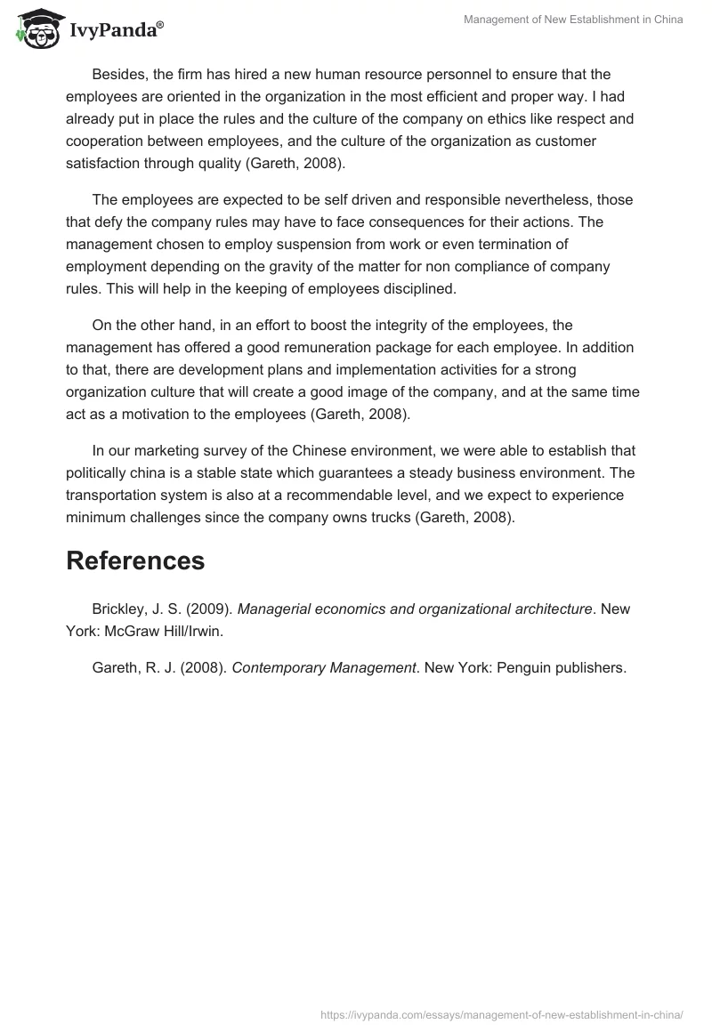 Management of New Establishment in China. Page 2