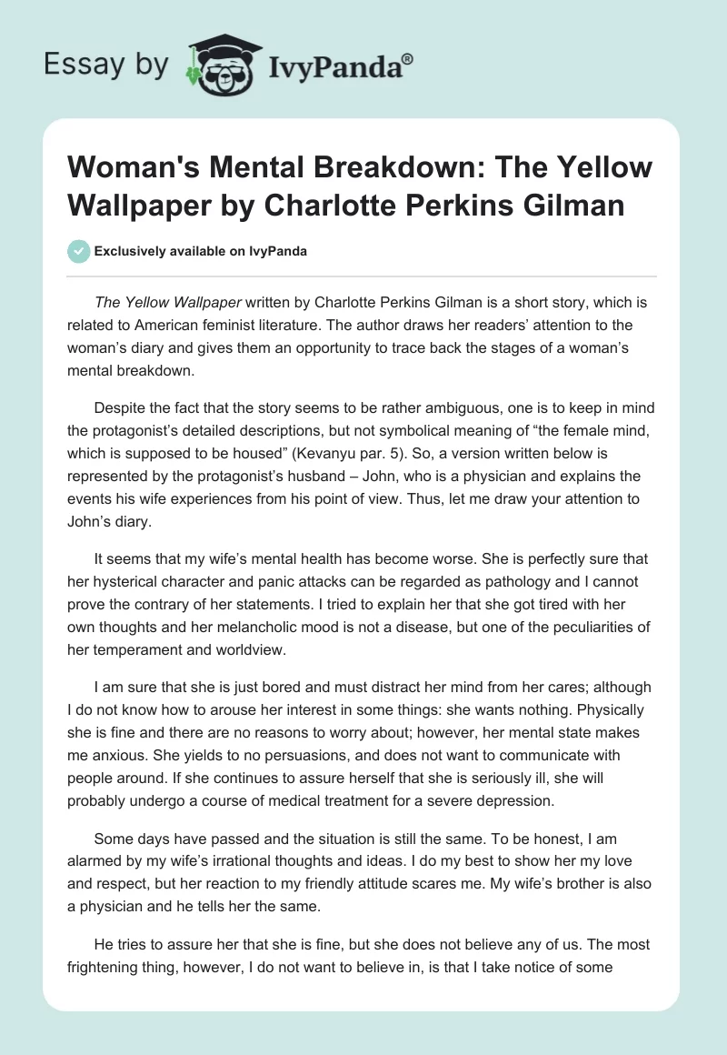 Woman's Mental Breakdown: "The Yellow Wallpaper" by Charlotte Perkins Gilman. Page 1