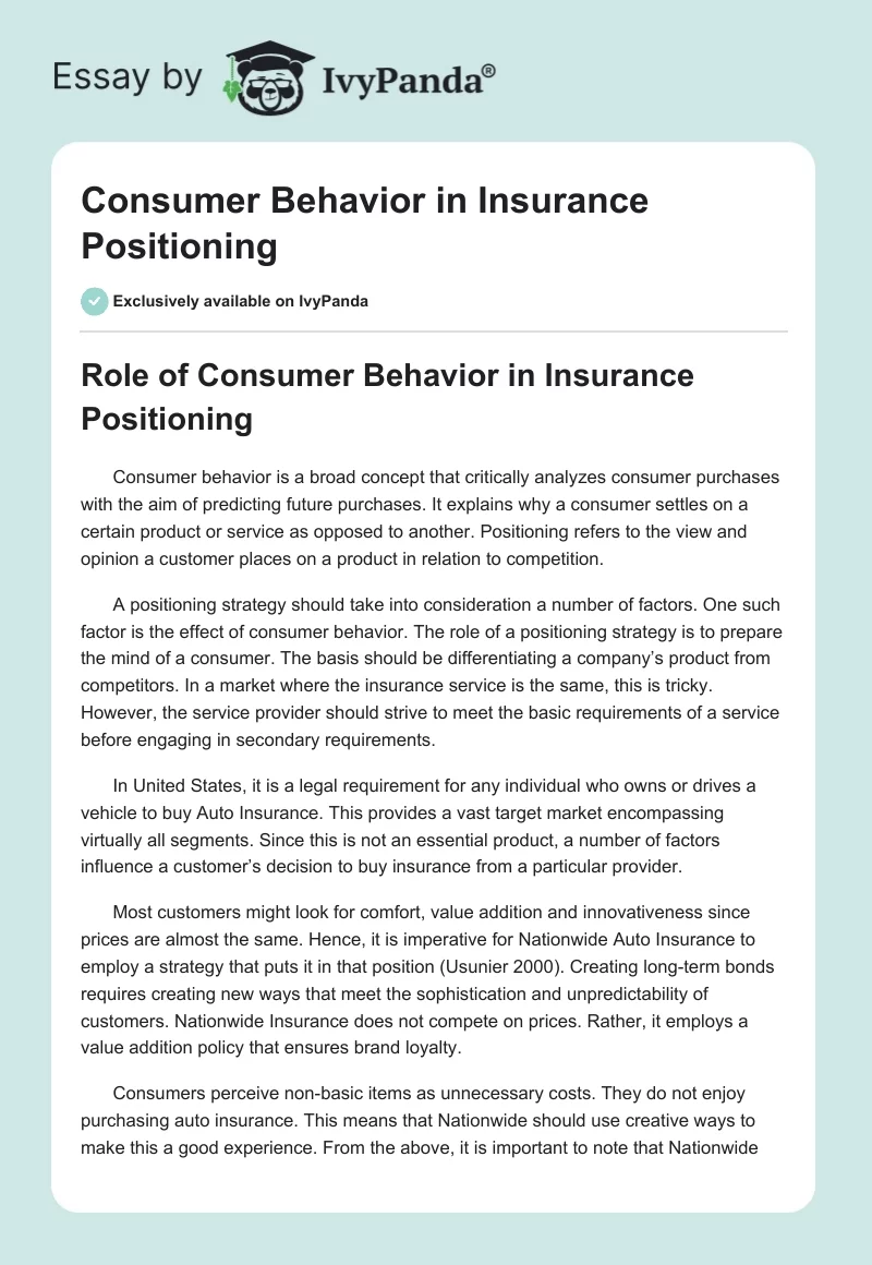 Consumer Behavior in Insurance Positioning. Page 1