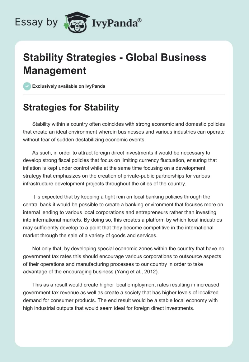 Stability Strategies - Global Business Management. Page 1