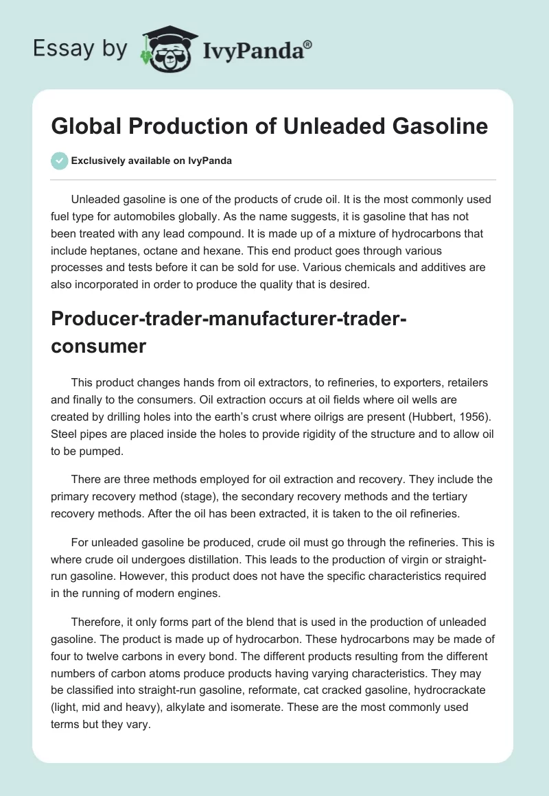 Global Production of Unleaded Gasoline. Page 1
