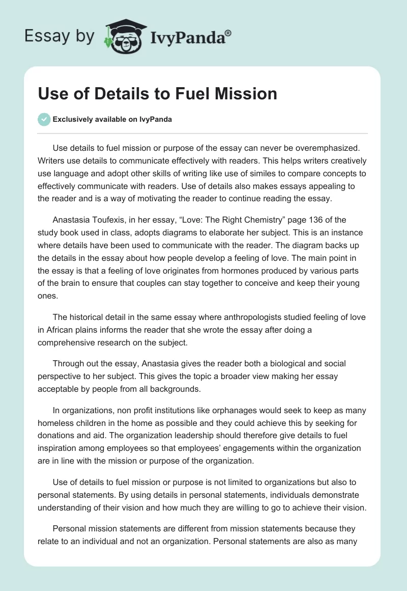 Use of Details to Fuel Mission. Page 1