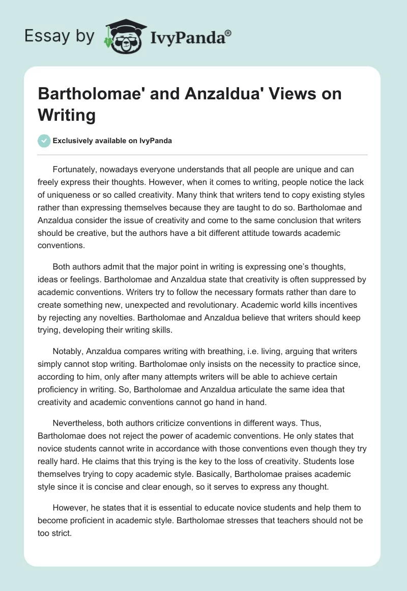 Bartholomae' and Anzaldua' Views on Writing. Page 1