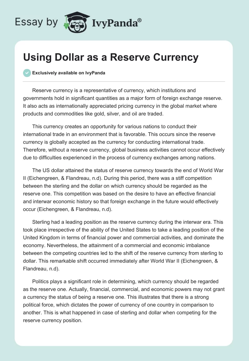 Using Dollar as a Reserve Currency. Page 1