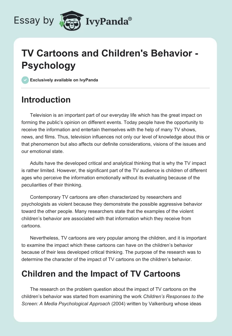 TV Cartoons and Children's Behavior - Psychology. Page 1
