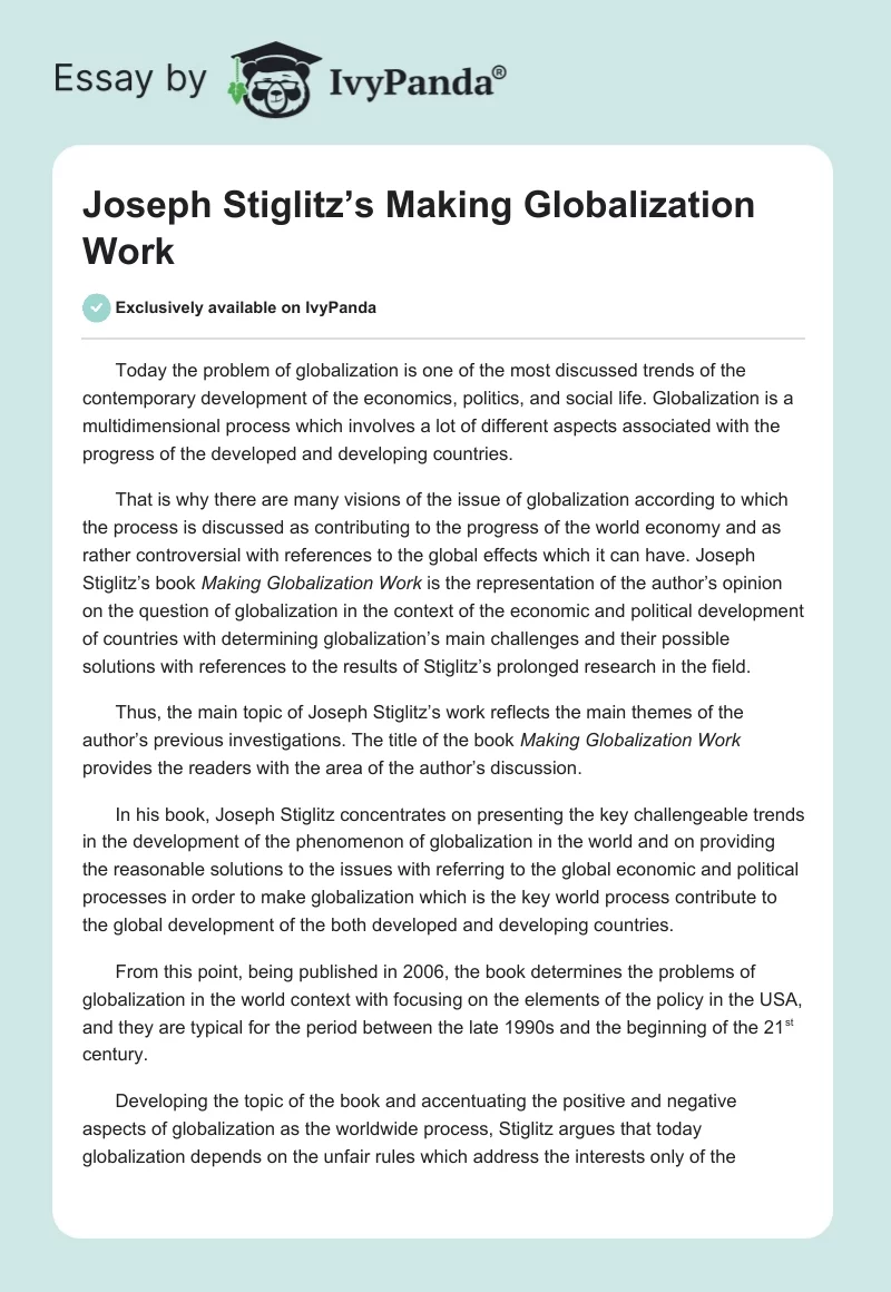 Joseph Stiglitz's Making Globalization Work - 846 Words | Book