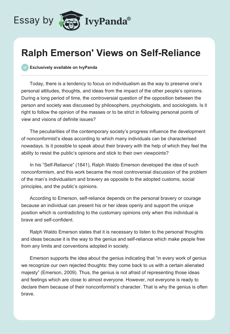 Ralph Emerson' Views on Self-Reliance. Page 1