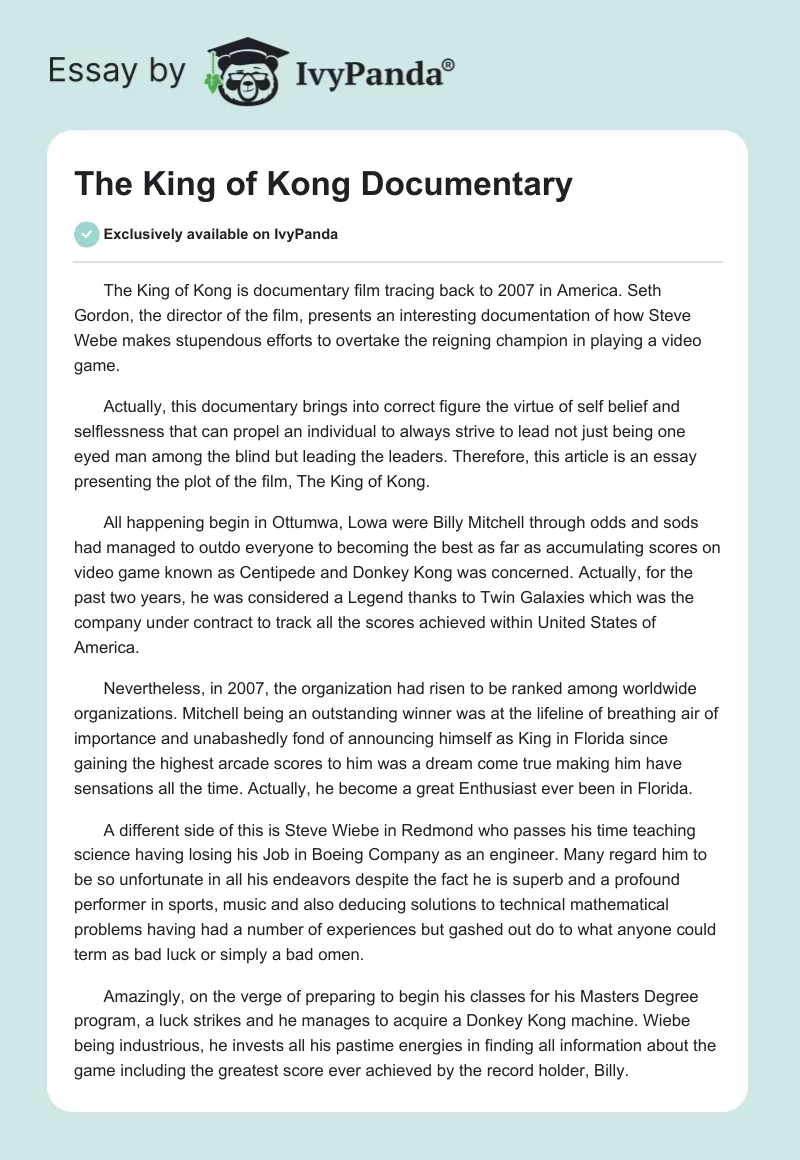 "The King of Kong" Documentary. Page 1
