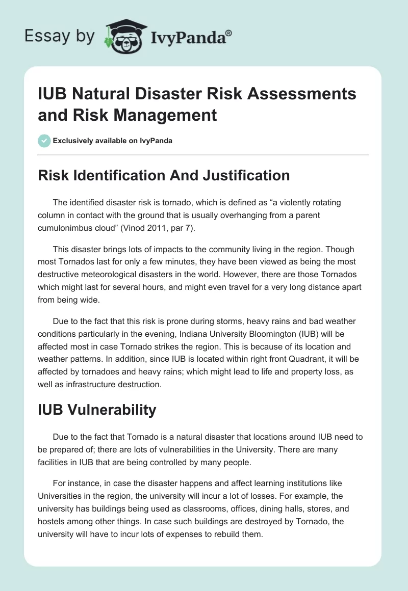 IUB Natural Disaster Risk Assessments and Risk Management. Page 1