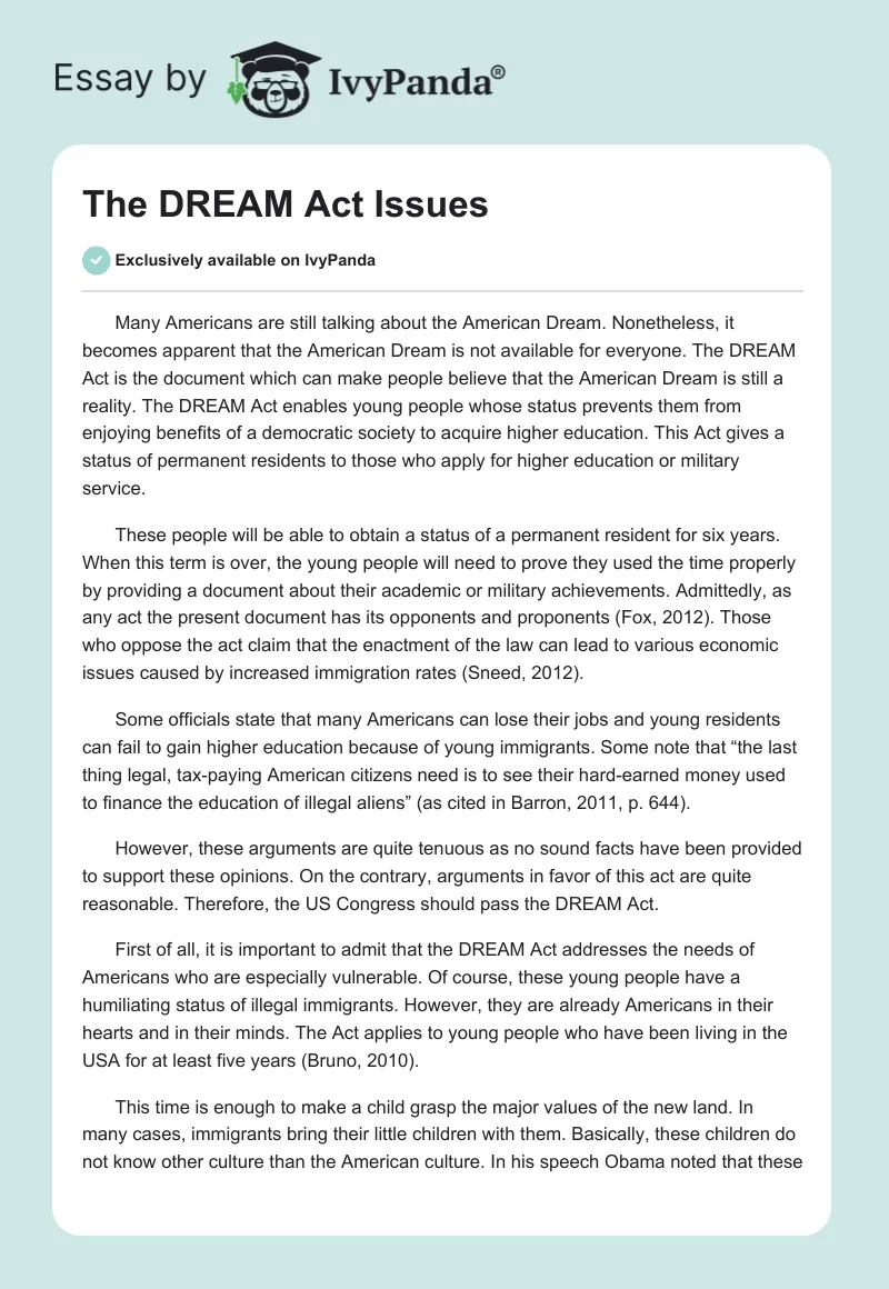 The DREAM Act Issues. Page 1